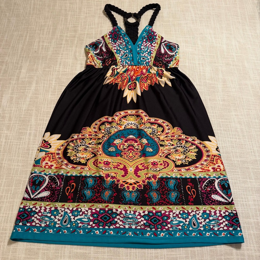 Maurices Womens Medium Black Multi Color Paisley Mandala Braided Halter Dress